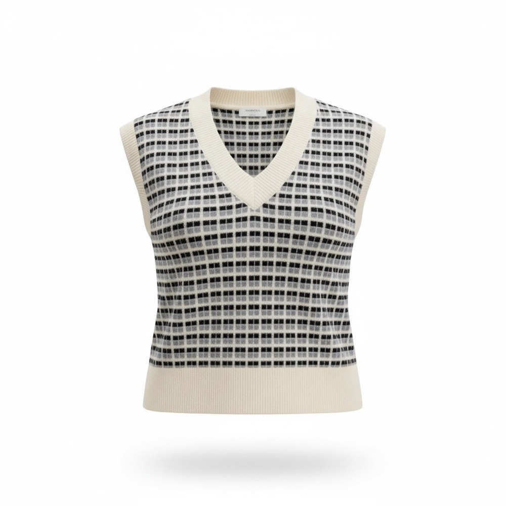 Aritzia Babaton Ivory, Black & Grey Checked Knit Vest 100% Merino Wool Size L